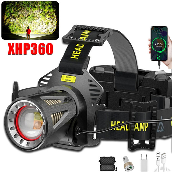 XHP360 LED Headlamp Zoomable Sensor Headlight USB Rechargeable Head