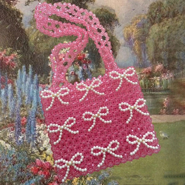 New Fashion Pink Acrylic Beaded Woven Bag Personalized Retro Pearl Bow Design Women's Shoulder Bags Cute Girl Versatile Handbag