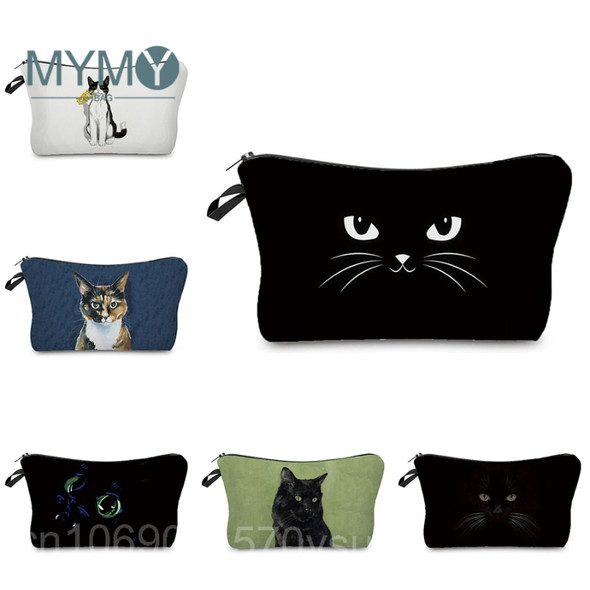 Cat Print Cosmetic Bags Women Wallet Small Handbag Lipstick Organizer Makeup Cases Purse Portable Multi-function Canvas Coin Bag