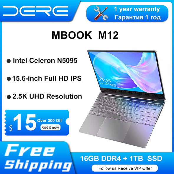 DERE laptops M12, 15.6-inch 2.5K IPS, 16GB RAM + 1TB SSD , Intel Celeron N5095, Office Learning Computer Windows 11 Notebook