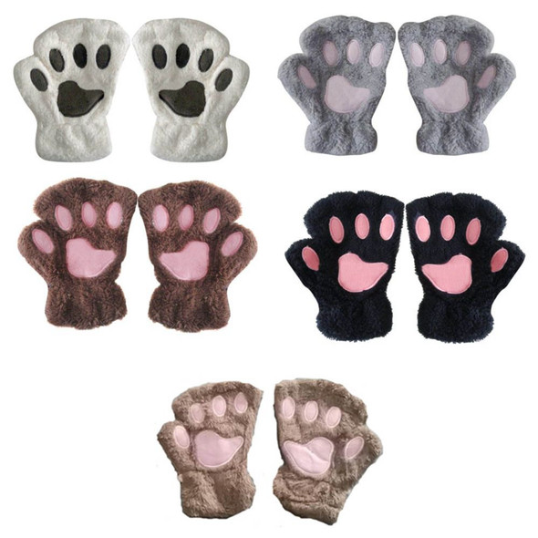 Plush Bear Cat Paw Claw Winter Gloves Soft Warm Flip Half Finger 