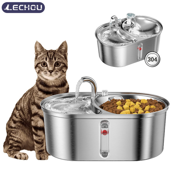 Cat Water Fountain 3L Automatic Stainless Steel Double Bowl Pet Feeding Drinking Dog Water Dispenser Ultra-Quiet Pump