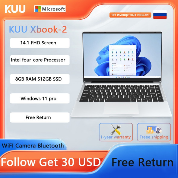 KUU Notebook 14.1 FHD Screen Intel Celeron J4105 8GB RAM 512GB SSD Windows 11 Student Laptops WiFi Bluetooth Camera Cheaper