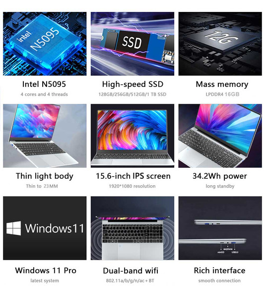 15.6 Inch 16GB Laptop 512GB SSD Windows 11 Notebook Intel Celeron N5095 Office Computer Backlit with Fingerprint WiFI Camera BT