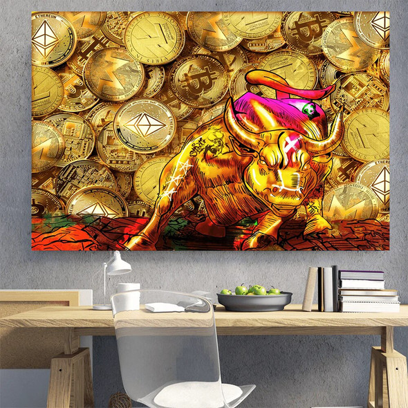 Abstract Animal Canvas Painting Gold Bull Market Crypto Wall Pictures