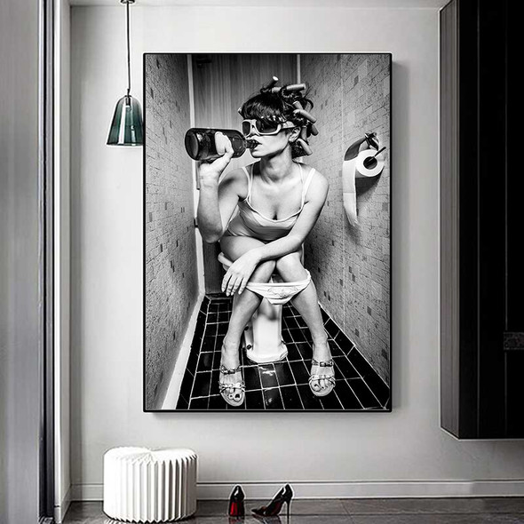 Modern Black White Sexy Drinking And Smoking Woman Canvas Painting