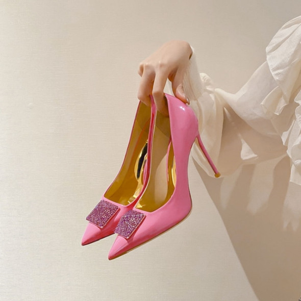 Luxury Rhinestone Large Rivet Pointed Leather High Heels For Women