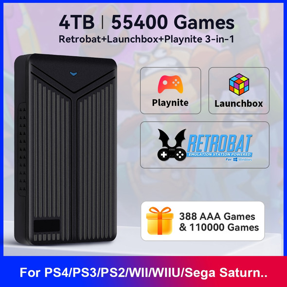 Hyper Base Mix Lite 4TB Emulation Drive Retrobat+Launchbox+Playnite 3-in-1Game HDD 55400 Games For PS4/PS3/PS2/WIIU AAA/3D Games