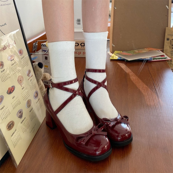 Red Mary Jane Women Pumps Thick High Heels Shoes Female Lolita Square Red Mary Jane Women Pumps Thick High Heels Shoes Female Lolita Square
