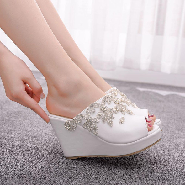 Crystal Queen Silver Rhinestone Peep Toe Platform Wedges High Heels