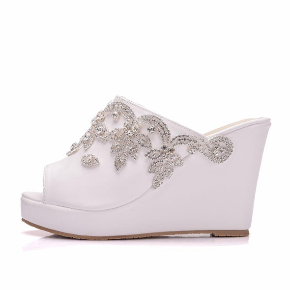 Crystal Queen Silver Rhinestone Peep Toe Platform Wedges High Heels