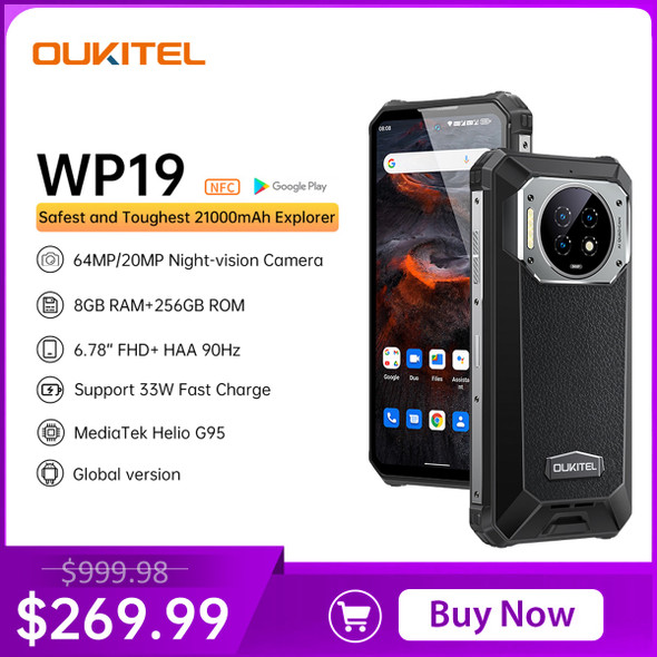 Oukitel WP19 Rugged Phone Night Vision, 21000 mAh, Smartphone, 8GB, 256GB, 64M Camera, Cell phone, 90 Hz Helio G95 Mobile Phone