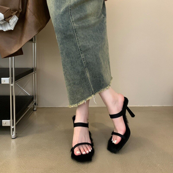 2023 New Autumn High Heel Fur Outerwear Slippers Women's Slim Strap 2023 New Autumn High Heel Fur Outerwear Slippers Women's Slim Strap