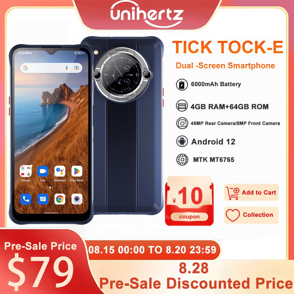 Unihertz Ticktock E 6000mAh Battery 6.5" Screen Smartphone Android 12 Unlock 4GB 64GB 20W Fast Charging Dual Screen Cellphone