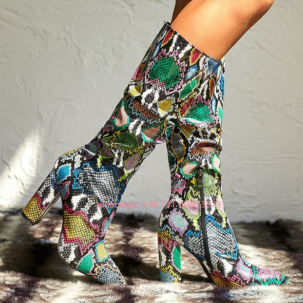 Colorful Snakeskin Leather Square High Heels Women Boots Mid Calf