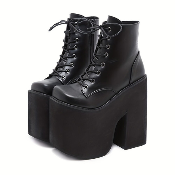 Women's Y2K Style Short Boots Square Closed Toe Lace Up Platform Shoes