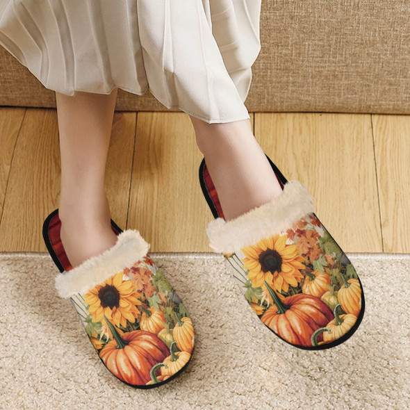 Red Fuzzy Female Slippers Sunflower Pumpkins Print Warm Anti slip