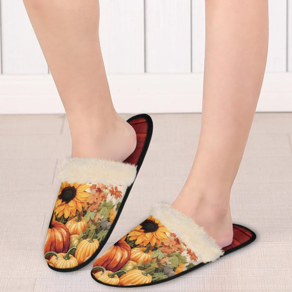 Red Fuzzy Female Slippers Sunflower Pumpkins Print Warm Anti slip