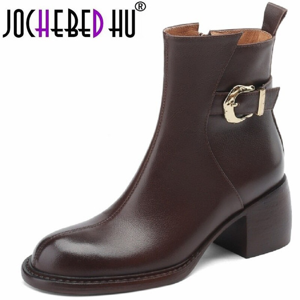 【JOCHEBED HU】Women Ankle Boots Split Cow Leather High Heels Zipper