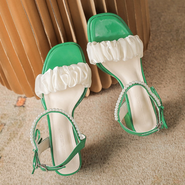 Summertime Bowknot Pearl Women Sandals Thick Heel Anti slip Square Toe