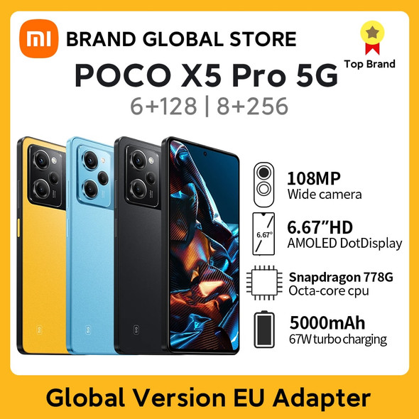 Global Version POCO X5 Pro 5G Original 128GB/256GB Snapdragon 778G 120Hz Flow AMOLED DotDisplay 108MP 67W 5000mAh Support NFC