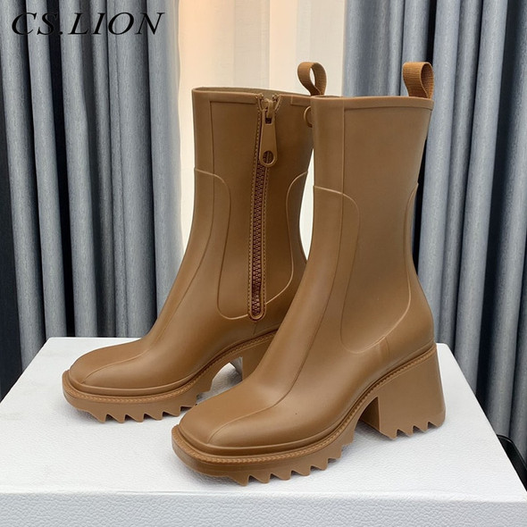 Square Toe Solid Color Fur Collar Rain Boots Women Zipper Chunky Heel