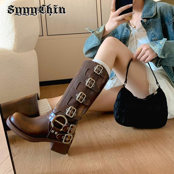 Winter Women Mid calf Boots Female Vintage Cowboy Buckle Platform