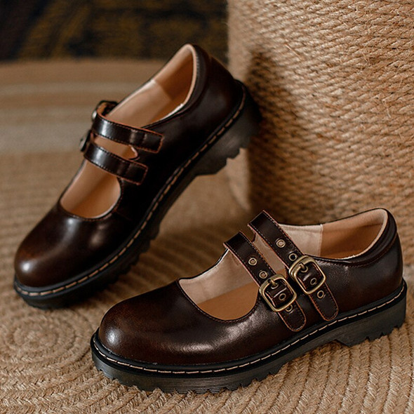 Brown Leather Vintage Nostalgia Buckle Platform Mary Janes Shoes Women