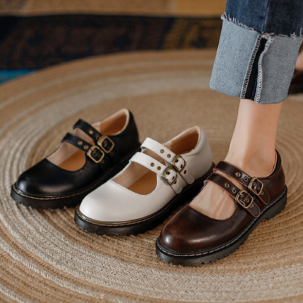 Brown Leather Vintage Nostalgia Buckle Platform Mary Janes Shoes Women Brown Leather Vintage Nostalgia Buckle Platform Mary Janes Shoes Women