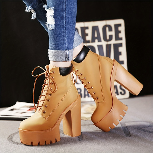 Women's Chunky Heeled Short Boots Round Toe Lace Up High Heels Solid
