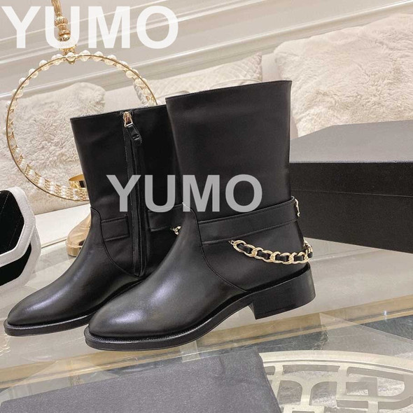 Women Size 41 Genuine Leather Metal Chain Boots Low Heels Ankle Boots