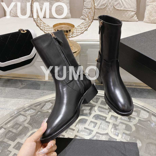 Women Size 41 Genuine Leather Metal Chain Boots Low Heels Ankle Boots