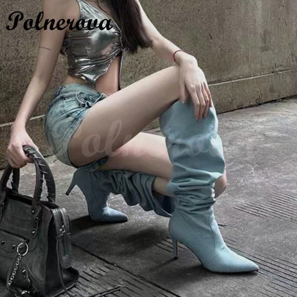 Folded Pointed Toe Stiletto Wide Tube Boots for Women Large Tube Boots