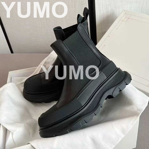 Couple Genuine Leather Ankle Boots Platform Thick Sole Round Toe