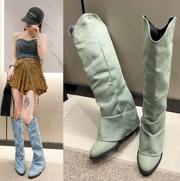 Pleats Blue Denim Thigh High Boots for Autumn Thick Heeled Pointed Toe