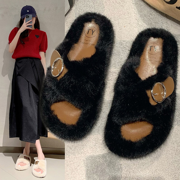 Warm Fluffy Slippers Women'S Plush Slippers Comfortable Belt Buckle 