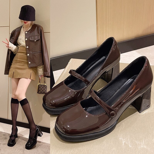 2023 Patent Leather Brown Shoes Vintage Thick High Heels Mary Jane