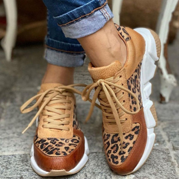 2022 Women Autumn Leopard Thick Soled Sneakers Stitching Lace Up Sport