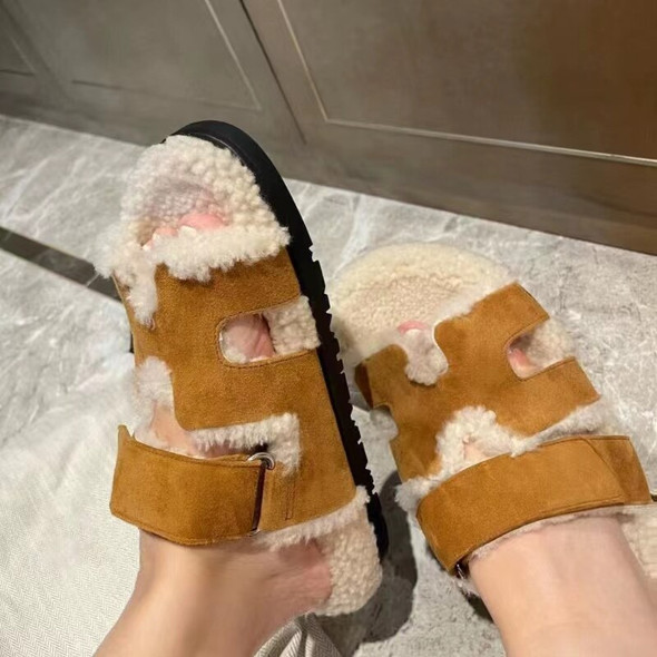 New style fur slippers with genuine leather and fur integrated lamb