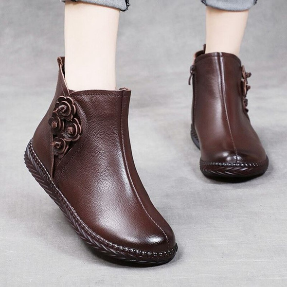 Genuine Leather Winter Boots Women Warm Plush Low Heel Fashion Flower