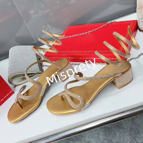 New Summer Crystal Bordered Mid Heel Sandals Rose Red Golden Split Toe