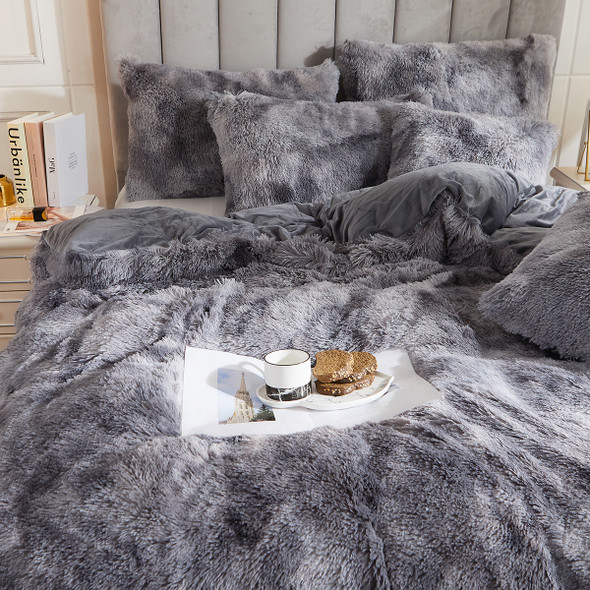 American Style  Tie Dyed Dark Gray Fluffy Shaggy Crystal Velvet Duvet