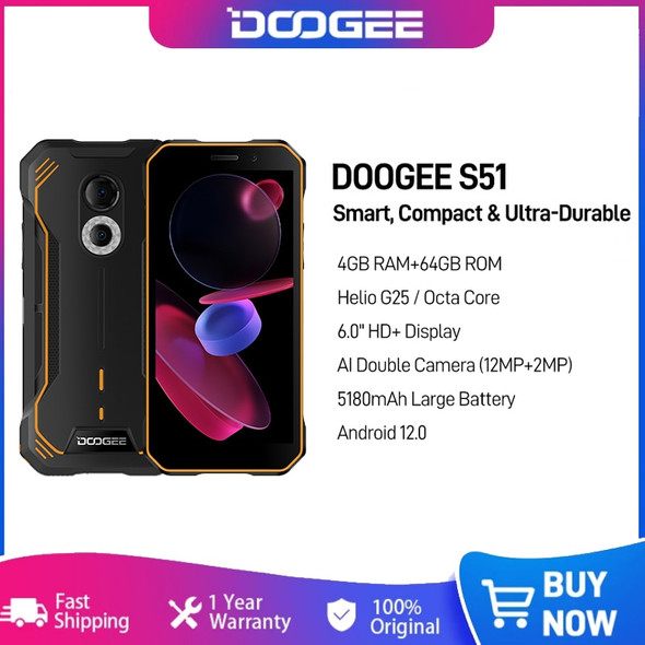 New DOOGEE S51 Smartphone 12MP AI Double Camera 5180mAh Rugged Phone 8MP Front Camera 4GB +64GB 6.0" HD Octa Core Cellphone