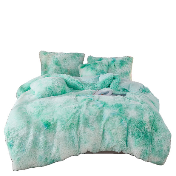 American Style 3d printed plant Tie Dyed Aqua Fluffy Fleece Bed Set with Twin