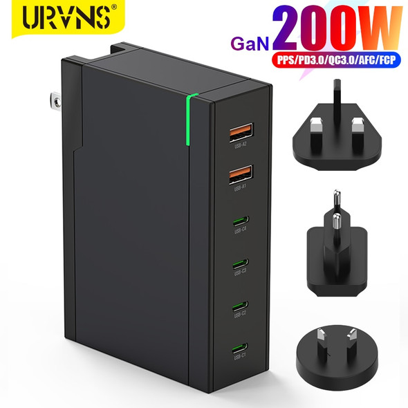 URVNS 200W GaN Wall Charger 6-Port USB C PD 100W 60W Fast Travel Adapter for MacBook Pro/Air iPhone 14 13 Samsung Galaxy Xiaomi