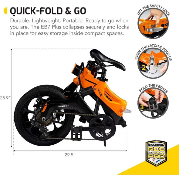 Swagtron Swagcycle EB-7 Elite Plus Folding Electric Bike with Removable Battery, Orange/Black, 16" Wheels, 7-Speed