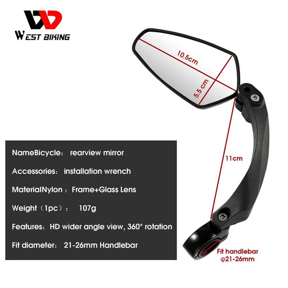 WEST BIKING HD Bicycle Rearview Handlebar Mirror Wide Angle MTB Road Electric Bike Scooter Rear View Mirrors Cycling Accessories