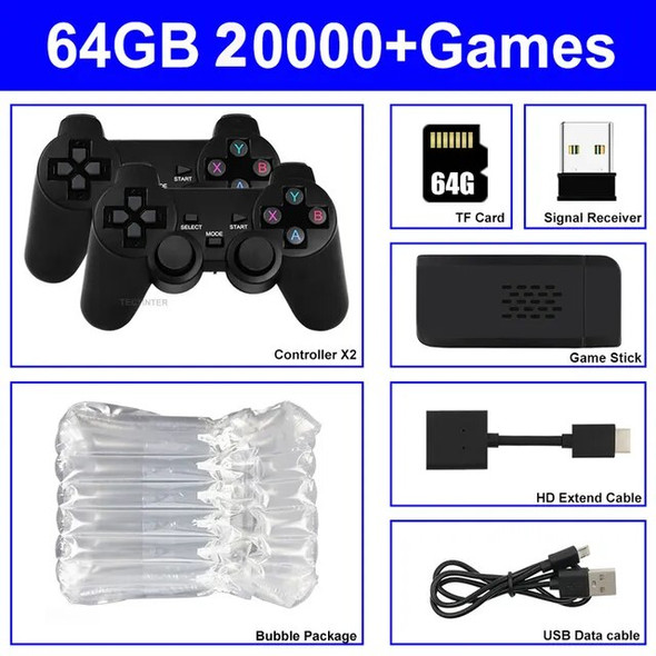 4K Video Game Console Wireless Controller Gamepad Built-in 20000+ Games 64G Retro Handheld Game Player HD TV Game Stick