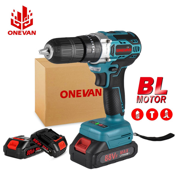 ONEVAN 25+3 Torque 1000W 450NM Brushless Electric Impact Drill 3 in 1 Electric Cordless Screwdriver