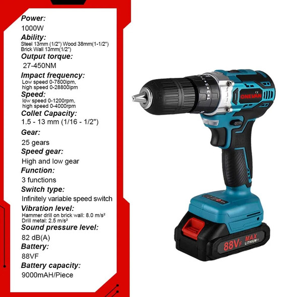 ONEVAN 25+3 Torque 1000W 450NM Brushless Electric Impact Drill 3 in 1 Electric Cordless Screwdriver